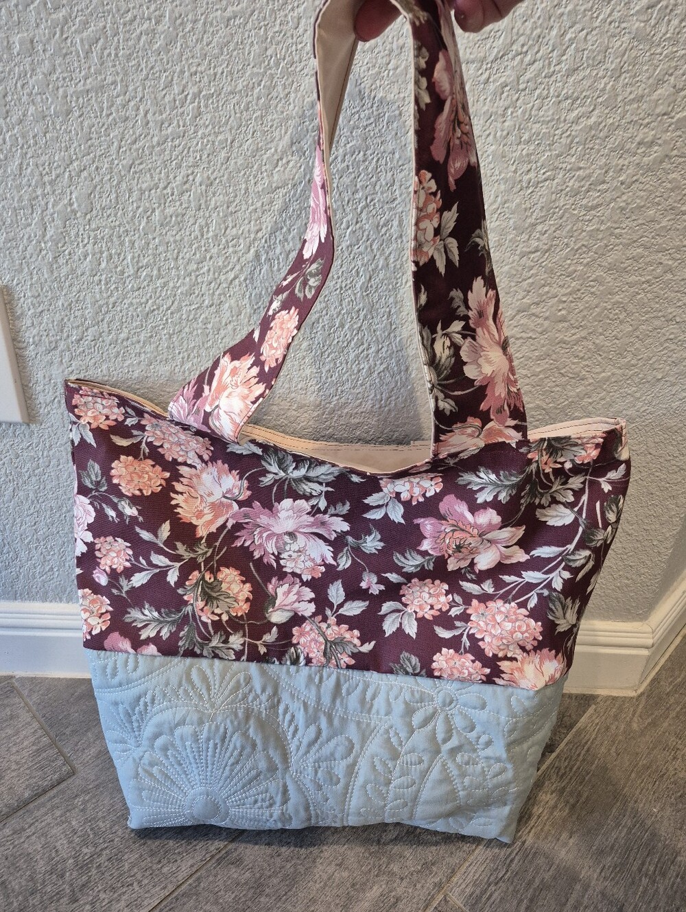 Floral Quilted Tote Bag in Burgundy and Sage Green Quilted Bottom